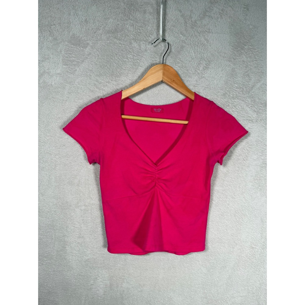 John Galt California Hot Pink Ruched V-Neck Short Sleeve Crop Top Italy Size OS